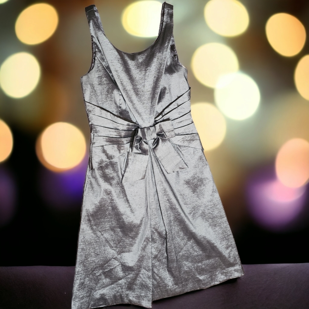 Studio 1 Metallic Gunmetal Gray Silver Bow Formal Sleeveless Party Dress